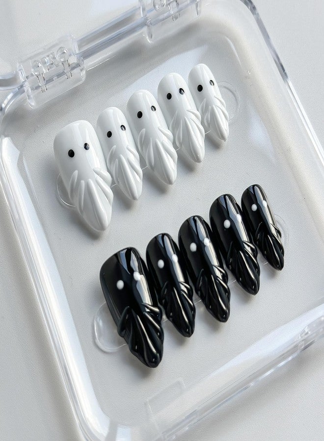 MABKJLF Halloween Luxury Press on Nails Long Almond Handmade 3D Unique Reusable ABS Material Fake Nails Black&White False Nails with Ghost Designs Cute Glossy Glue on Nail Thick Acrylic Nail(S) - Image 3